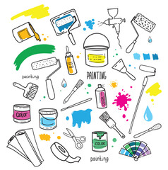 Hand drawn painting tools and renovation equipment set with colorful paint splashes, rollers, brushes and buckets illustration © Sergey