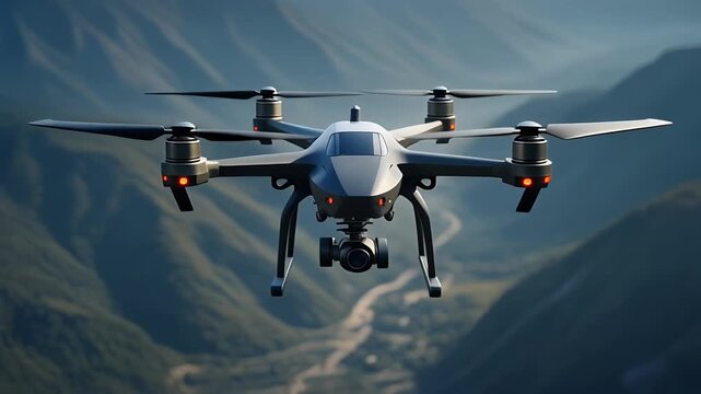 Cinematic hexacopter drone flying over winding mountain valley.