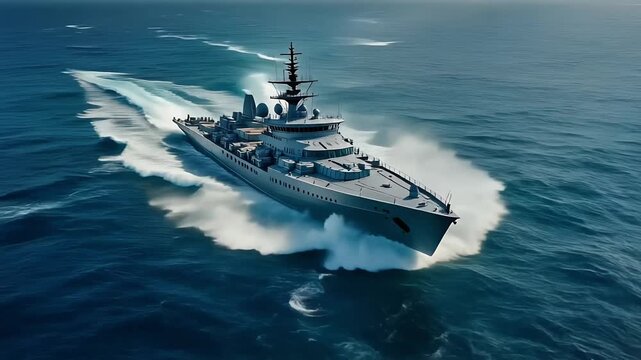 Aerial view of modern naval warship speeding across open ocean.