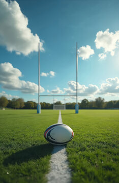 Rugby ball rests on green grass field centerline. Goalposts stand tall under blue sky with white clouds. Outdoor sports arena ready for game or practice.