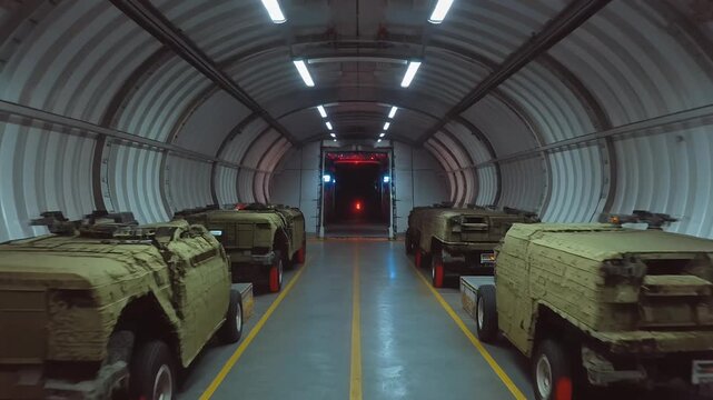 Secured military vehicles lined inside arched cargo tunnel.