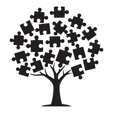A black silhouette of a tree with puzzle pieces for leaves on a white background silhouette