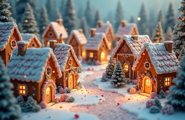 Obraz premium Sweet gingerbread houses dusted with snow sit in a festive winter forest. Warm lights glow from windows illuminating the magical scene. Small decorated trees surround the edible village pathways.
