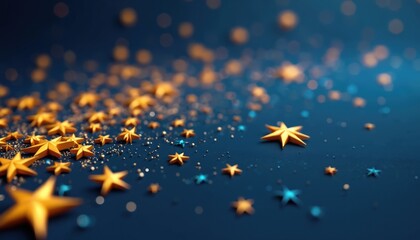 Fototapeta premium Golden stars scattered on a deep blue surface. Small glittering particles and out of focus lights add a magical festive feel. Festive background for celebrations holidays and New Year parties.