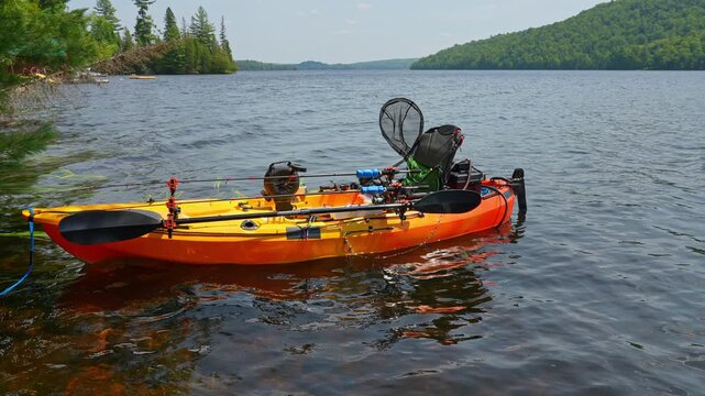 Fully rigged kayak watercraft mooring and tied to boat pier near cottage. Recreational watercraft, kayaking lake during tournament or fishing derby. Kayak water craft equipment for fishing activities.