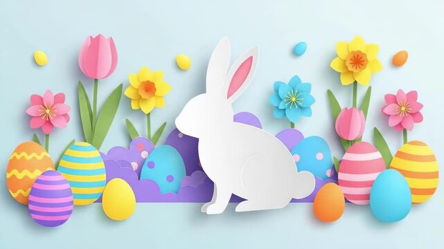 Layered paper cut art depicting white rabbit, colorful eggs, blooming flowers. Easter celebration design for greeting card or banner.