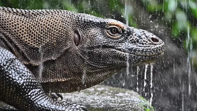 Close-up of monitor lizard in rain with water droplets on scales