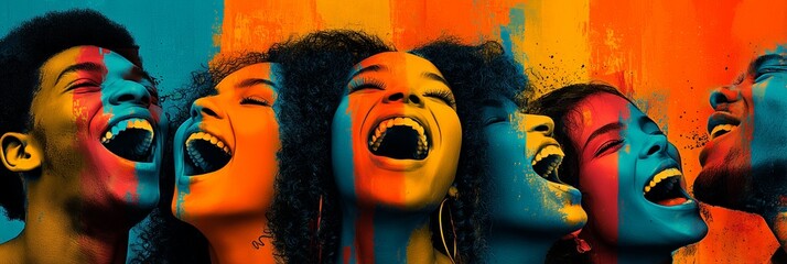 Obraz premium A group laughs with faces painted in vivid, overlapping hues—joyful and dynamic. The bold colors and expressive energy evoke celebration, unity, and artistic freedom.