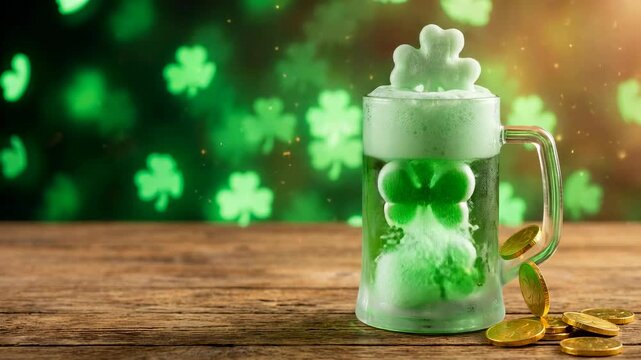 Saint Patrick's Day Green beer topped with shamrock foam and gold coins on a wooden table, with a festive background of blurred green clovers for St. Patrick's Day