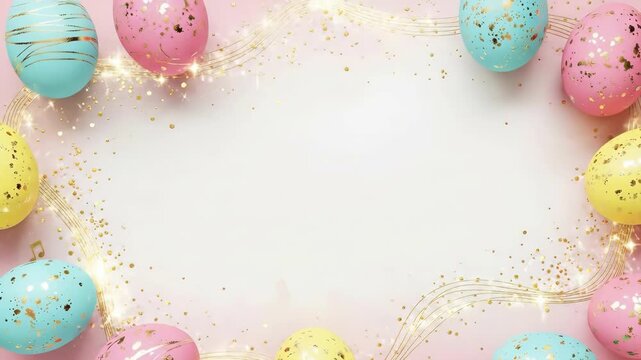 Colorful Easter eggs arranged as a border on a pink background with golden glitter. Festive holiday design with copy space for greeting card.
