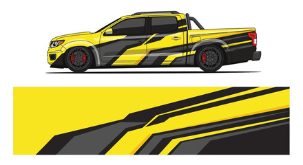 Fototapeta premium Yellow and black racing car with bold graphic stripes in side profile.