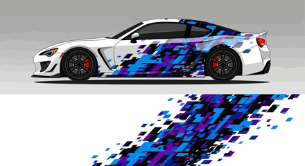 High-speed race car with blue and white graphic wrap showcased on a track highlighting aerodynamic design and bold paint motif. © AhzaArdiansyah