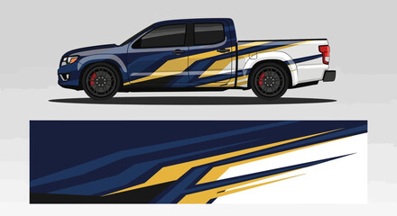 Fototapeta premium Bold blue and yellow graphic wrap on pickup truck creates dynamic branding and modern street appeal.