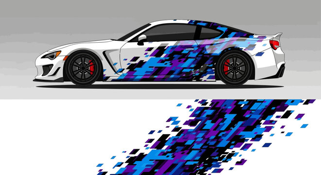 High-speed race car with blue and white graphic wrap showcased on a track highlighting aerodynamic design and bold paint motif.