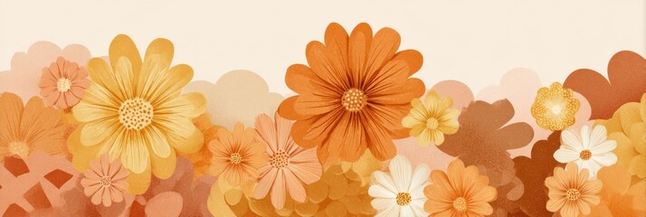 Fototapeta premium Floral design showcases large daisies and geometric shapes set in warm colors with open space for text. Ideal for banners or vintage decor.