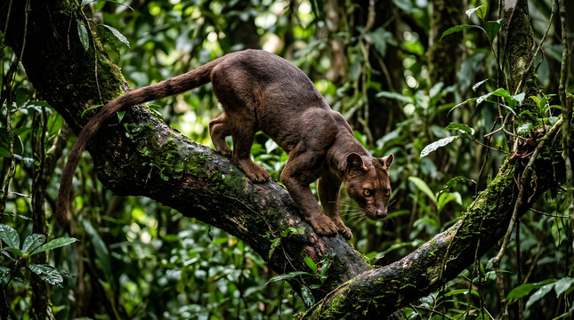 Majestic Fossa Predator Cryptoprocta Ferox Climbing a Tree Branch in the Madagascar Rainforest