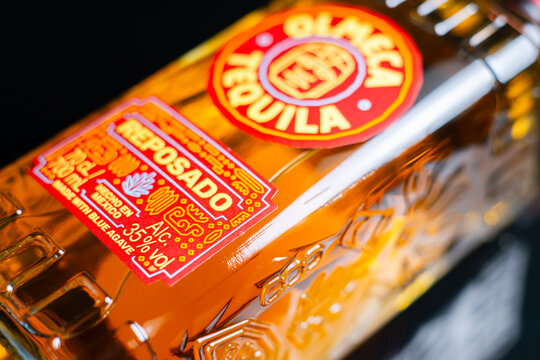 LONDON, UK - 31 MAY 2024 Olmeca Reposado Tequila, made from blue agave grown in Mexico in the Los Altos region