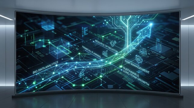 Corporate digital strategy visualization representing the convergence of big data analytics and financial planning for achieving sustainable long term growth. no human,no face,