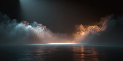 Dark abstract background with smoke, neon light, and reflections on wet asphalt.