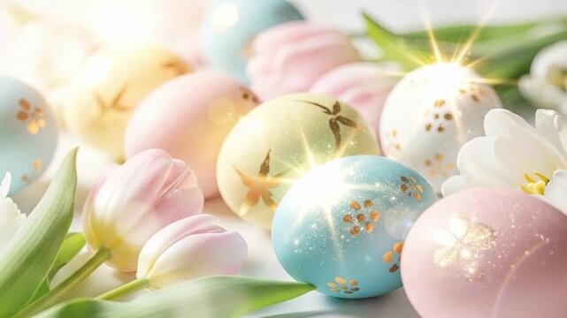 Pastel Easter eggs with decorative patterns among fresh tulips. Festive spring decoration for holiday greeting card or banner.