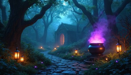 Naklejka premium Enchanted forest path leads to mystical cottage with glowing lanterns and bubbling cauldron. Dark woods scene at night with fog and magic purple smoke.
