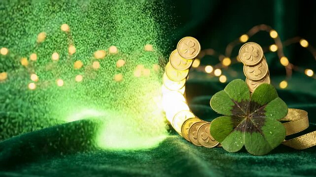 Saint Patrick's Day Golden coins in a horseshoe shape on green velvet, accompanied by a four-leaf clover and sparkling green dust, enhancing the festive scene