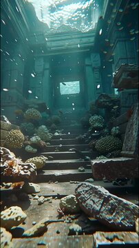 Submerged Ruins: Discover a mystical underwater world, where time stands still among the remnants of a lost civilization, as sunlight dances on weathered stone and flourishing coral reefs.