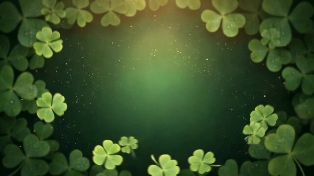 Saint Patrick's Day Green clover leaves gracefully move and twirl in a whimsical scene, surrounded by sparkling particles and a soft gradient backdrop