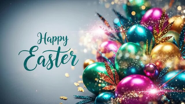 Happy Easter text with colorful decorated eggs and bokeh lights. Celebration greeting card design for spring holiday event.