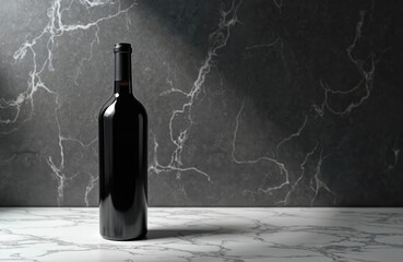 Naklejka premium Black wine bottle stands on a marble surface against dark textured wall. Empty elegant container ready for use in beverage advertising or product display.