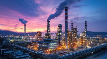 Industrial Oil Refinery with Smoking Chimneys at Sunset.