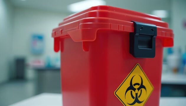 Red biohazard container for sharp medical waste. Safe disposal in clinic laboratory. Proper handling protects staff and patients from infectious materials. Clinical setting safety standard.