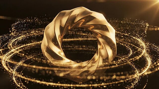  Elegant geometric golden circle in continuous 3D rotation surrounded by glowing particles and luminous lines against black backdrop. Endless loop animation with ample copy space for text or logo ove