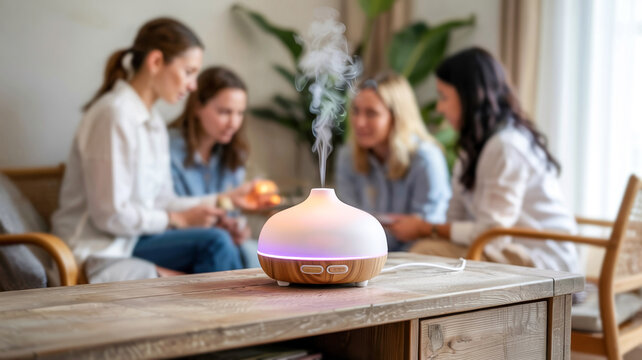 Essential oil diffuser with steam in foreground, women gathered in cozy living room