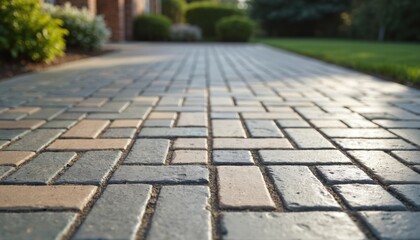 Interlocking pavers form a patterned driveway with varying brick tones. Walkway leads towards a building past manicured green lawn and shrubs. Sunny day with soft light.