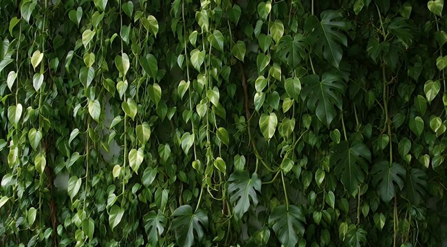 Lush green vine foliage cascades, creating a dense, textured natural wall