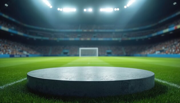 Round stone platform on green soccer field under bright stadium lights. Empty arena backdrop with blurred spectators and goal. Award ceremony presentation stage.