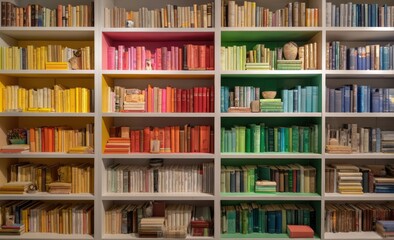Vibrant Rainbow-Colored Bookshelf Display in a Bookstore or Library.