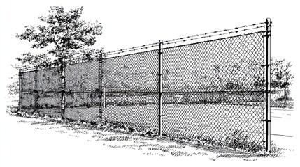 A black and white illustration of a chain-link fence with barbed wire and a tree
