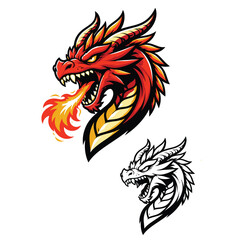 Angry Dragon Head Mascot Logo Vector Illustration Breathing Fire with Bold Lines and Flat Colors for Esport © Ikhsan