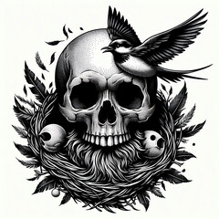 Fototapeta premium Human Skull with Bird Nest