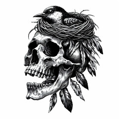 Obraz premium Human Skull with Bird Nest