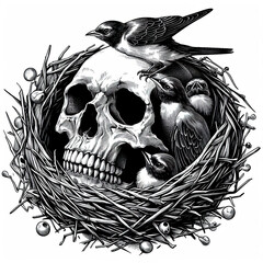 Obraz premium Human Skull with Bird Nest
