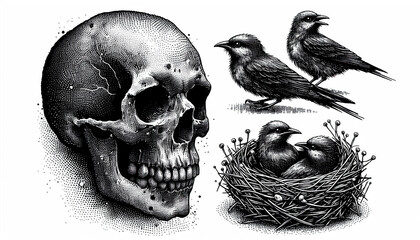 Fototapeta premium Human Skull with Bird Nest