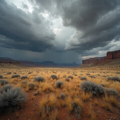 Golden dry grass covers arid land under moody stormy clouds. Red rock formations rise beside vast open plains. Horizon shows distant mesas and vast sky.