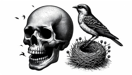 Fototapeta premium Human Skull with Bird Nest