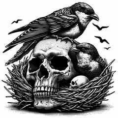 Fototapeta premium Human Skull with Bird Nest