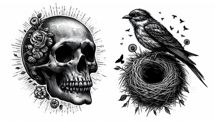 Fototapeta premium Human Skull with Bird Nest