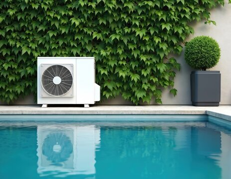 Modern white heat pump unit sits beside clean blue swimming pool. Rich green ivy covers concrete wall behind outdoor appliance. A potted plant adds elegance to backyard.