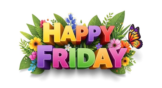 Vibrant happy friday greeting with floral elements and butterfly